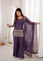 Embroidered Crunchy Silk Kurta Bell Bottom Pant with Dupatta Set