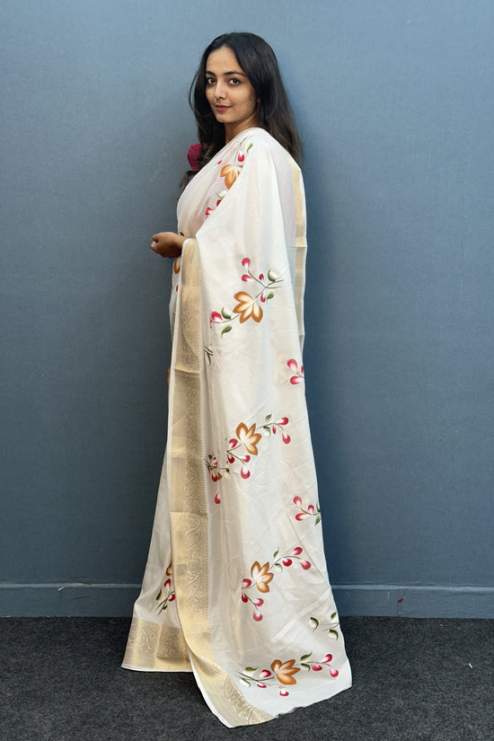 White Dola Silk Floral Hand-Printed Saree with Golden Border