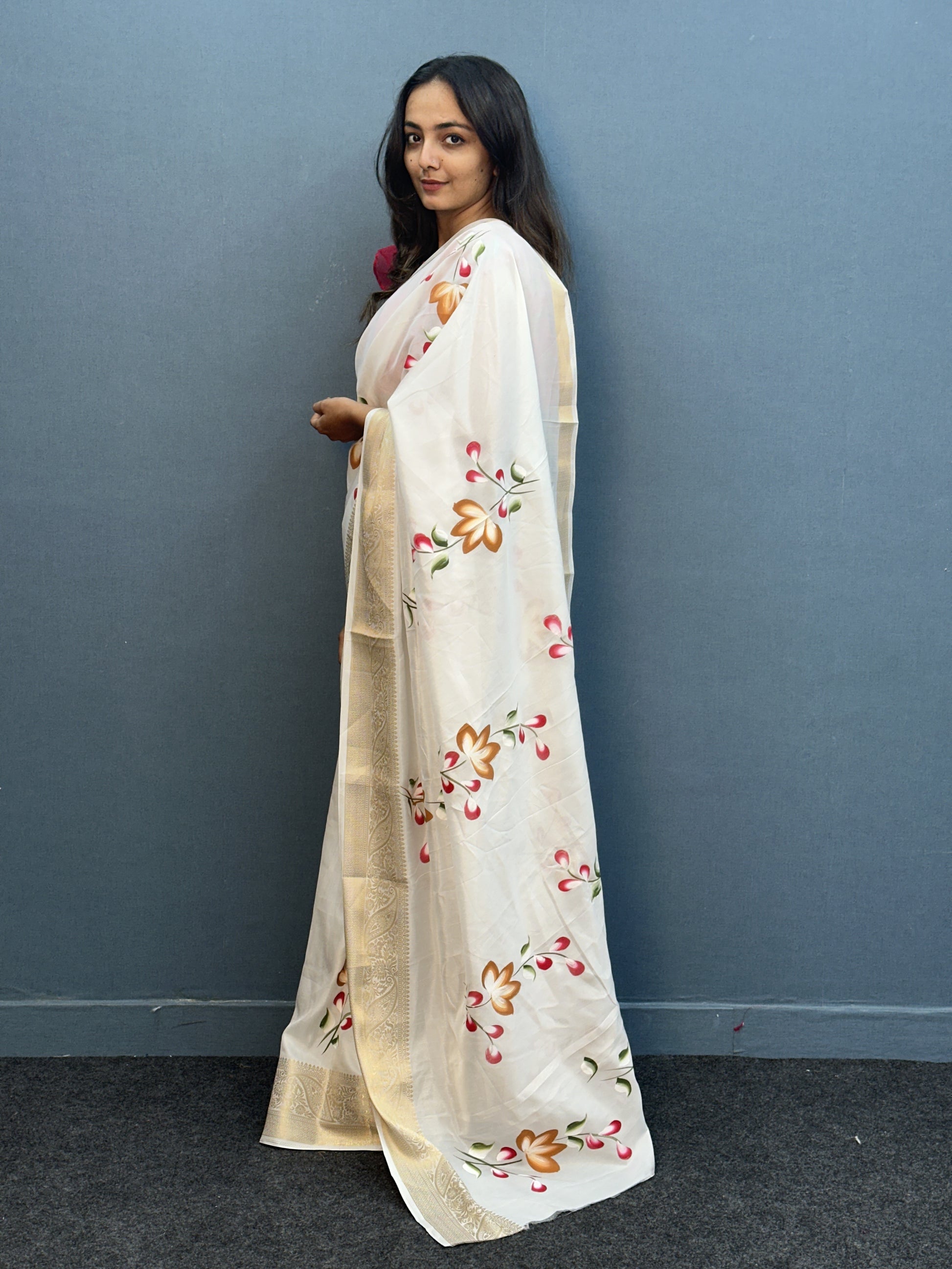 White Dola Silk Floral Hand-Printed Saree with Golden Border