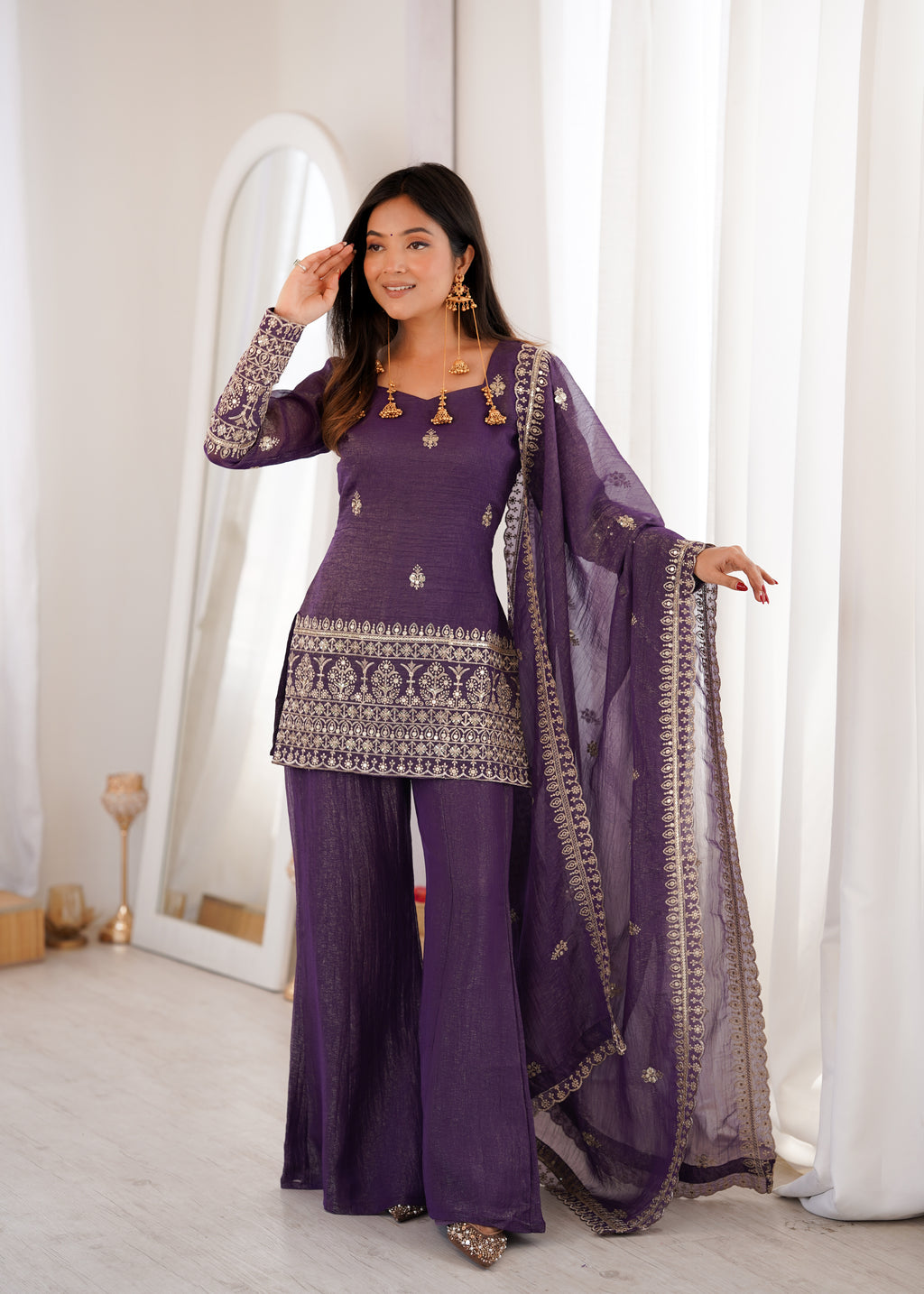 Embroidered Crunchy Silk Kurta Bell Bottom Pant with Dupatta Set