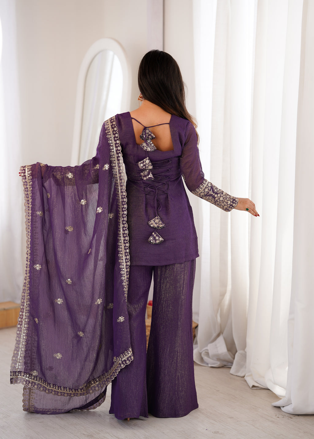 Embroidered Crunchy Silk Kurta Bell Bottom Pant with Dupatta Set