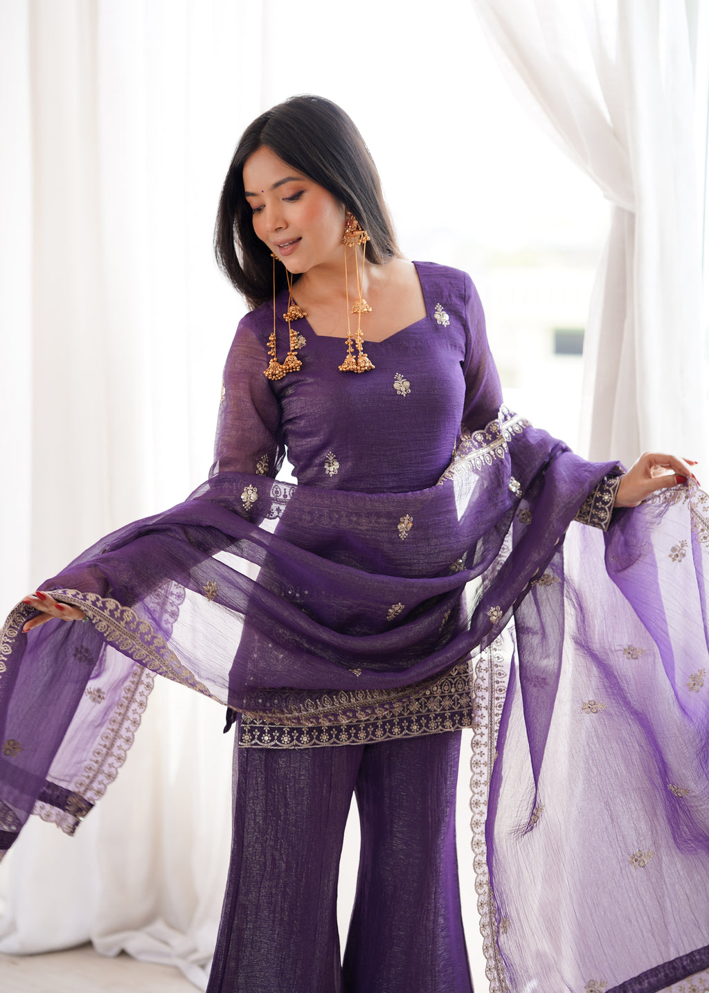 Embroidered Crunchy Silk Kurta Bell Bottom Pant with Dupatta Set
