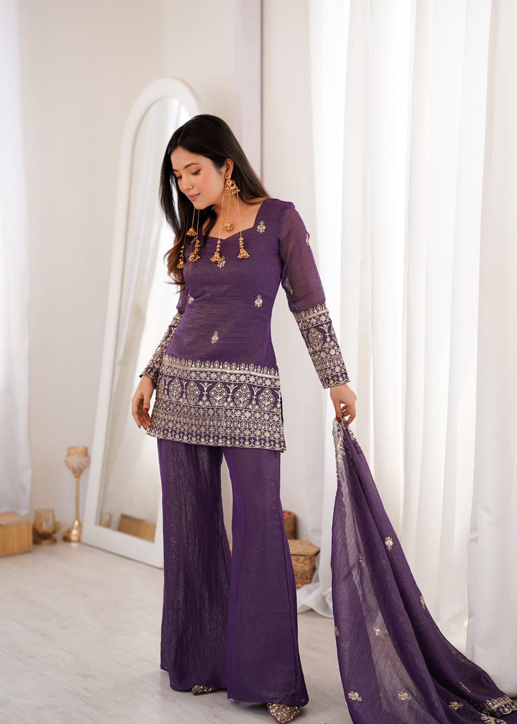 Embroidered Crunchy Silk Kurta Bell Bottom Pant with Dupatta Set