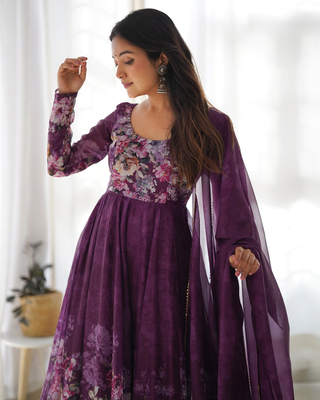 Women Purple Floral Printed Organza Silk Anarkali Gown Set with Dupatta & Pant
