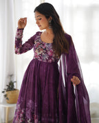 Women Purple Floral Printed Organza Silk Anarkali Gown Set with Dupatta & Pant