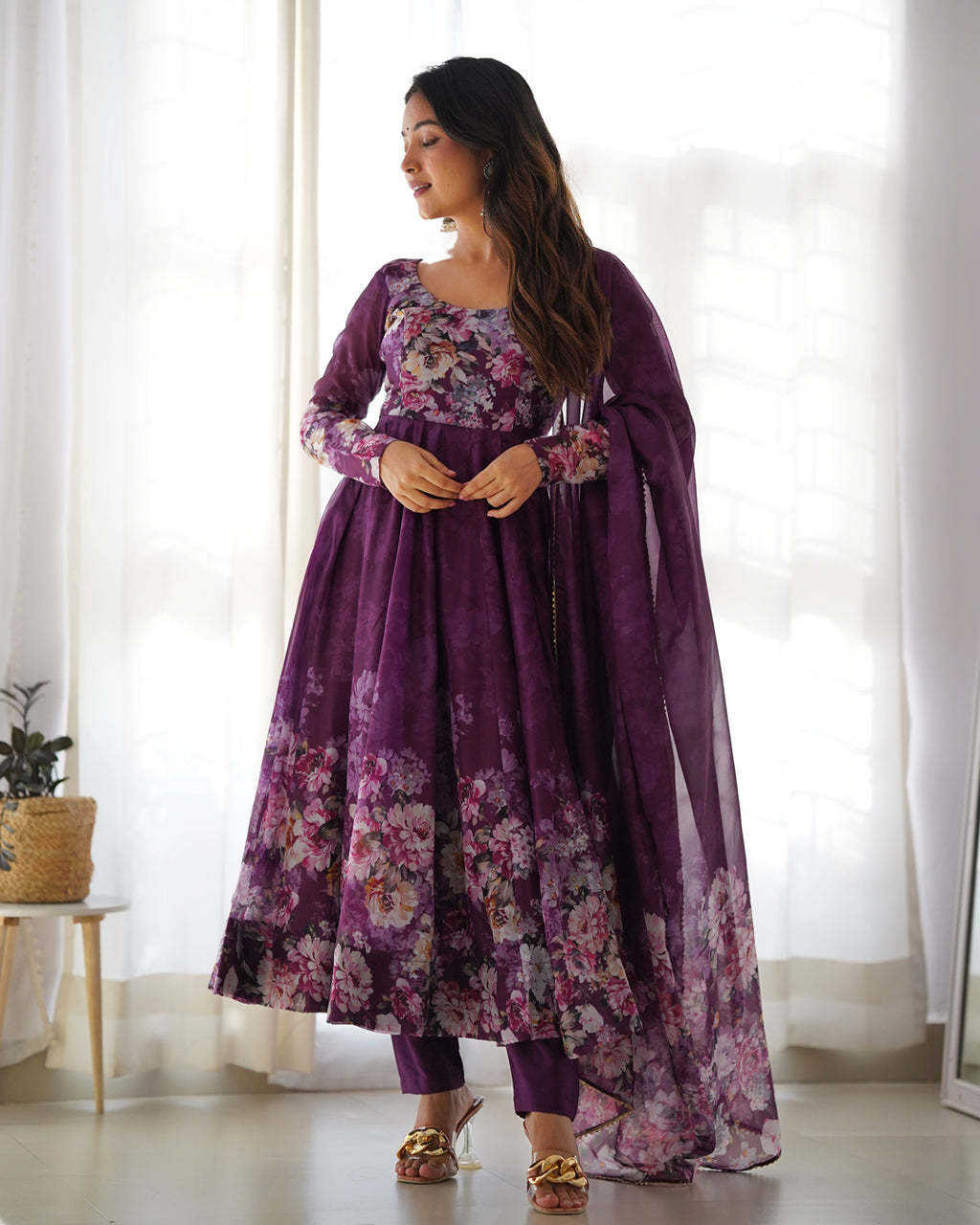 Women Purple Floral Printed Organza Silk Anarkali Gown Set with Dupatta & Pant