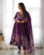 Women Purple Floral Printed Organza Silk Anarkali Gown Set with Dupatta & Pant
