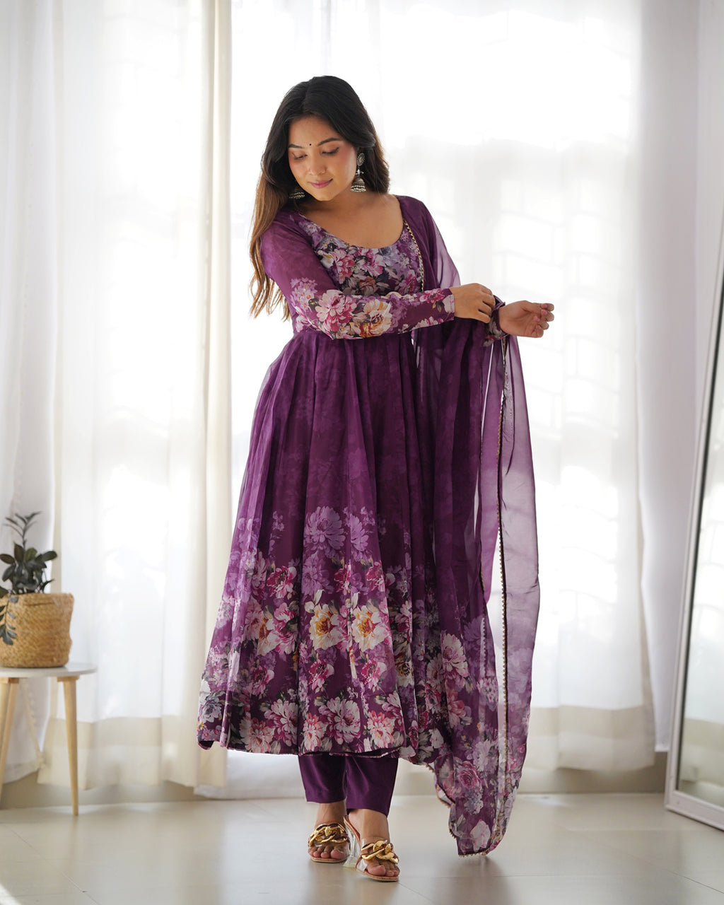 Women Purple Floral Printed Organza Silk Anarkali Gown Set with Dupatta & Pant