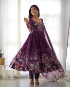 Women Purple Floral Printed Organza Silk Anarkali Gown Set with Dupatta & Pant