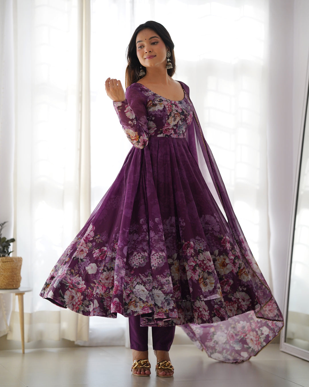 Women Purple Floral Printed Organza Silk Anarkali Gown Set with Dupatta & Pant
