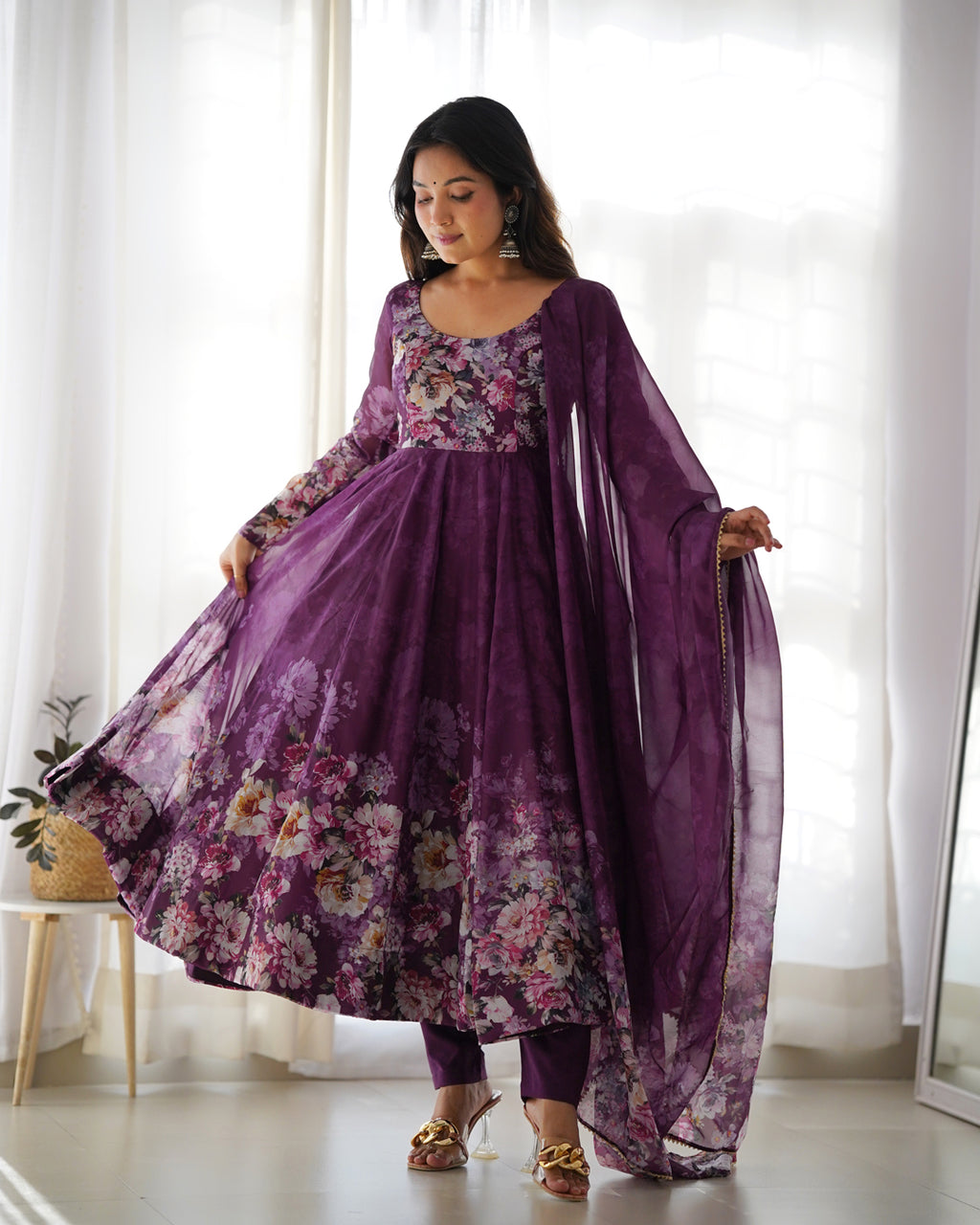 Women Purple Floral Printed Organza Silk Anarkali Gown Set with Dupatta & Pant