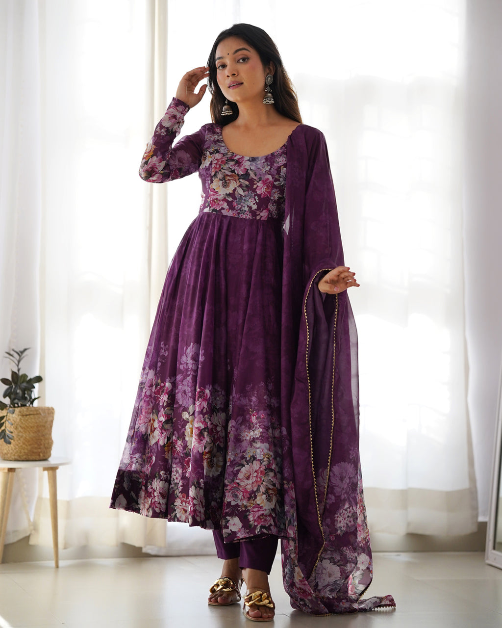 Women Purple Floral Printed Organza Silk Anarkali Gown Set with Dupatta & Pant