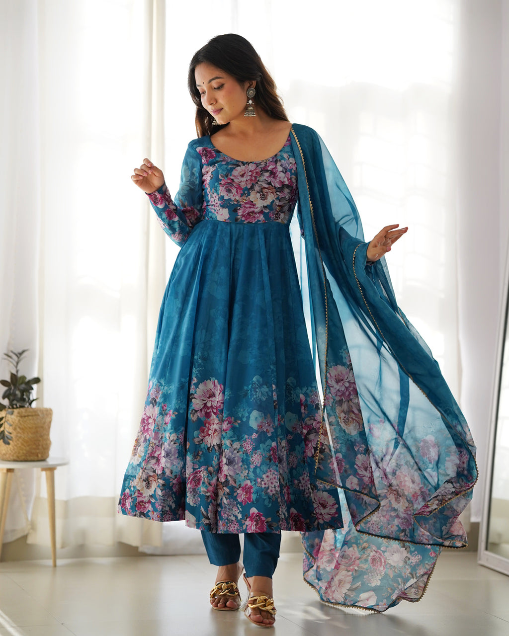 Women Rama Floral Printed Organza Silk Anarkali Gown Set with Dupatta & Pant