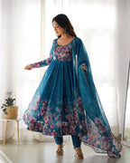 Women Rama Floral Printed Organza Silk Anarkali Gown Set with Dupatta & Pant