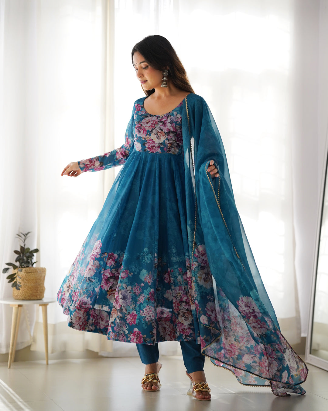 Women Rama Floral Printed Organza Silk Anarkali Gown Set with Dupatta & Pant