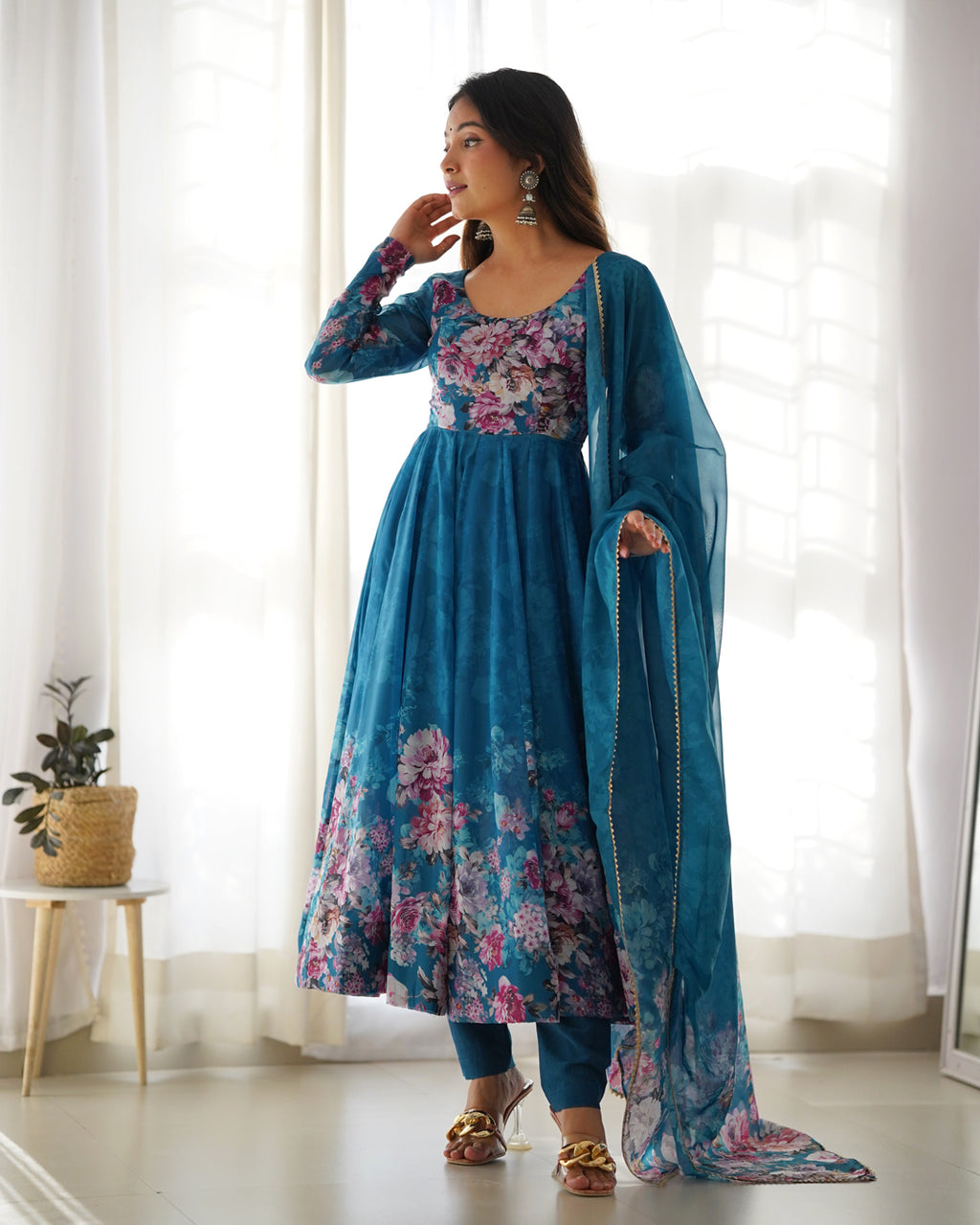 Women Rama Floral Printed Organza Silk Anarkali Gown Set with Dupatta & Pant