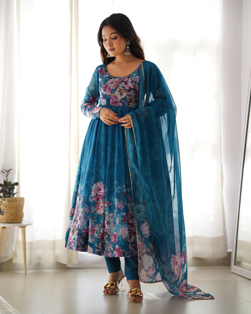 Women Rama Floral Printed Organza Silk Anarkali Gown Set with Dupatta & Pant