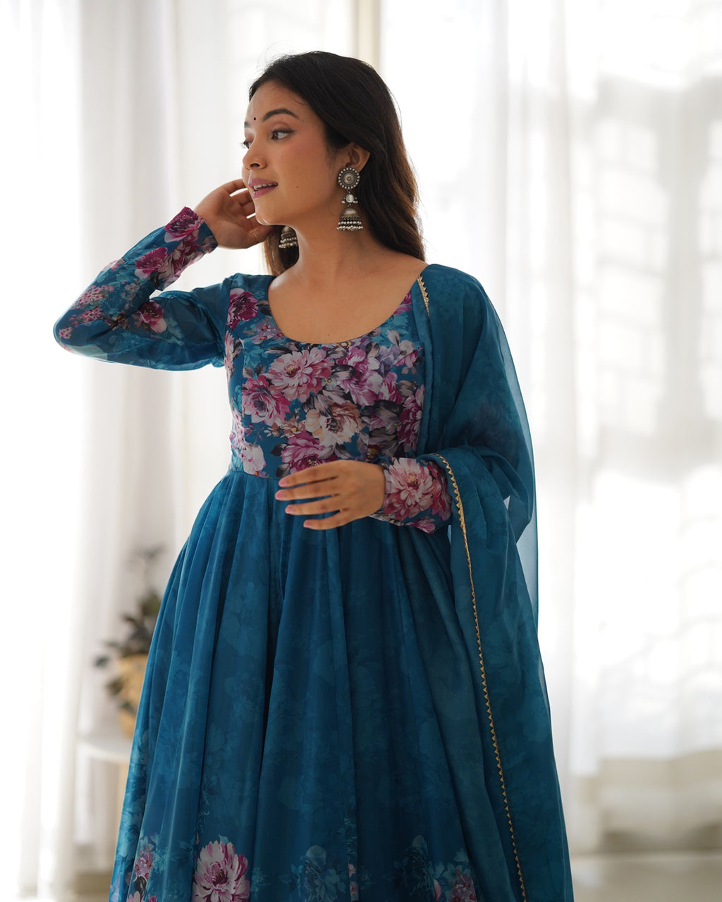 Women Rama Floral Printed Organza Silk Anarkali Gown Set with Dupatta & Pant
