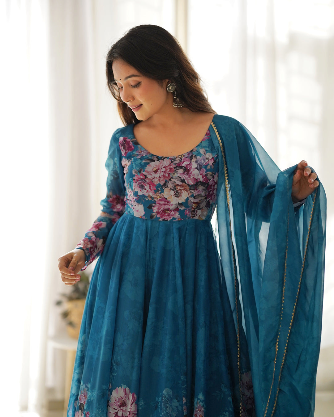 Women Rama Floral Printed Organza Silk Anarkali Gown Set with Dupatta & Pant