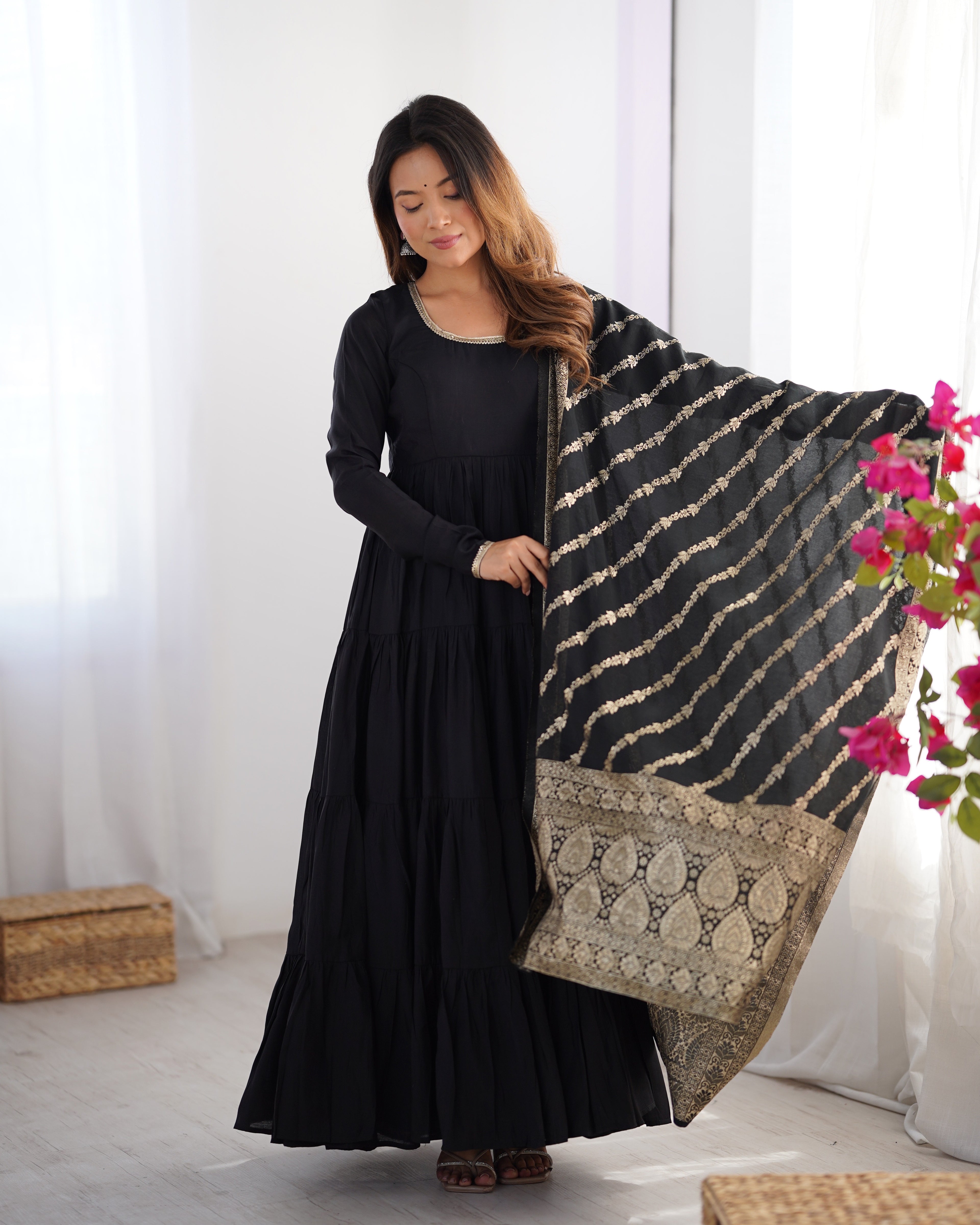 Roman Silk Chanderi Fully Flared Anarkali Suit Set