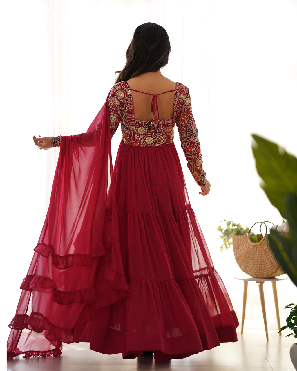 Red Embroidered Georgette Anarkali Set with Ruffle Dupatta
