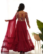 Red Embroidered Georgette Anarkali Set with Ruffle Dupatta