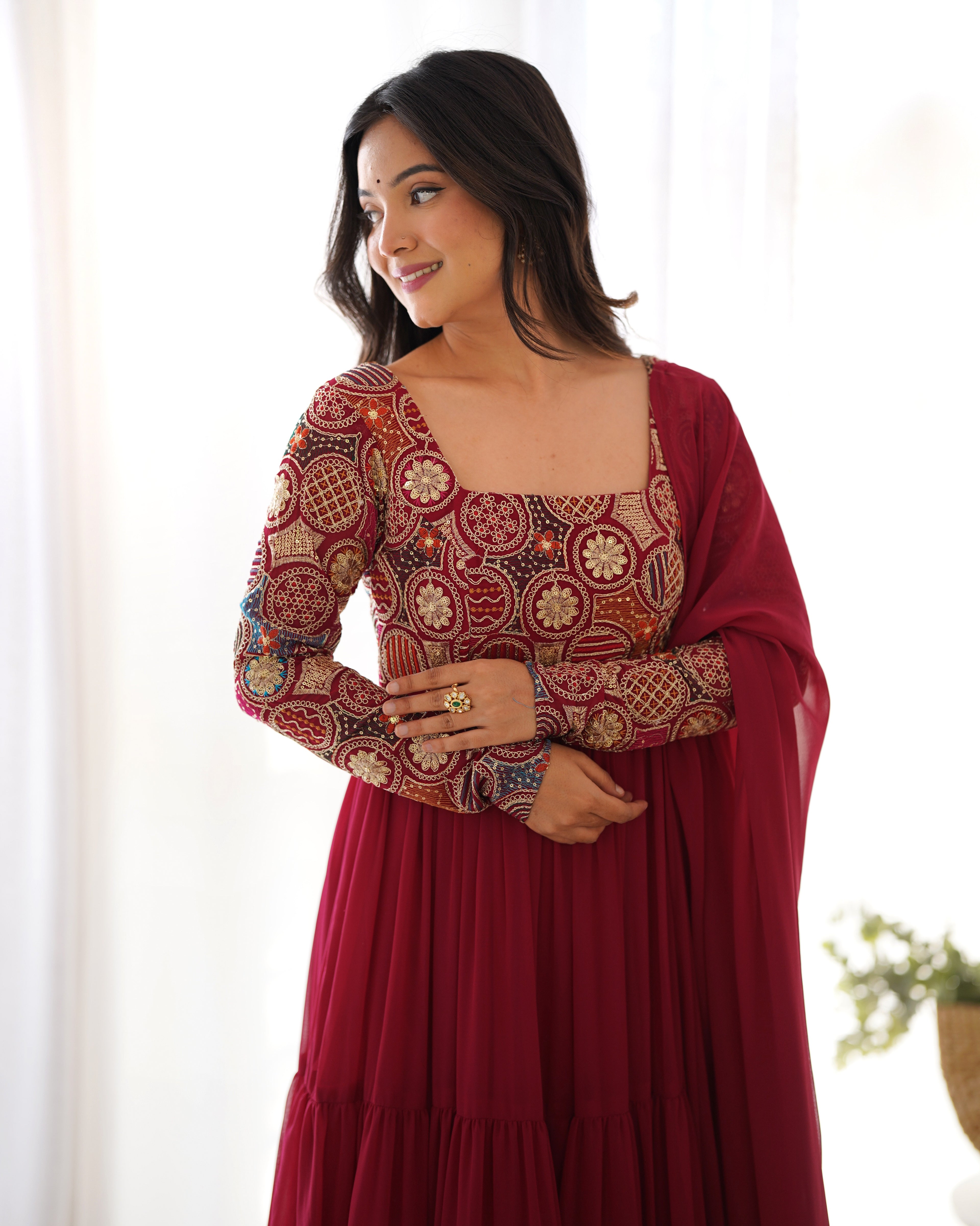 Red Embroidered Georgette Anarkali Set with Ruffle Dupatta