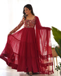 Red Embroidered Georgette Anarkali Set with Ruffle Dupatta - Pionex Fab