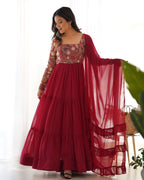 Red Embroidered Georgette Anarkali Set with Ruffle Dupatta