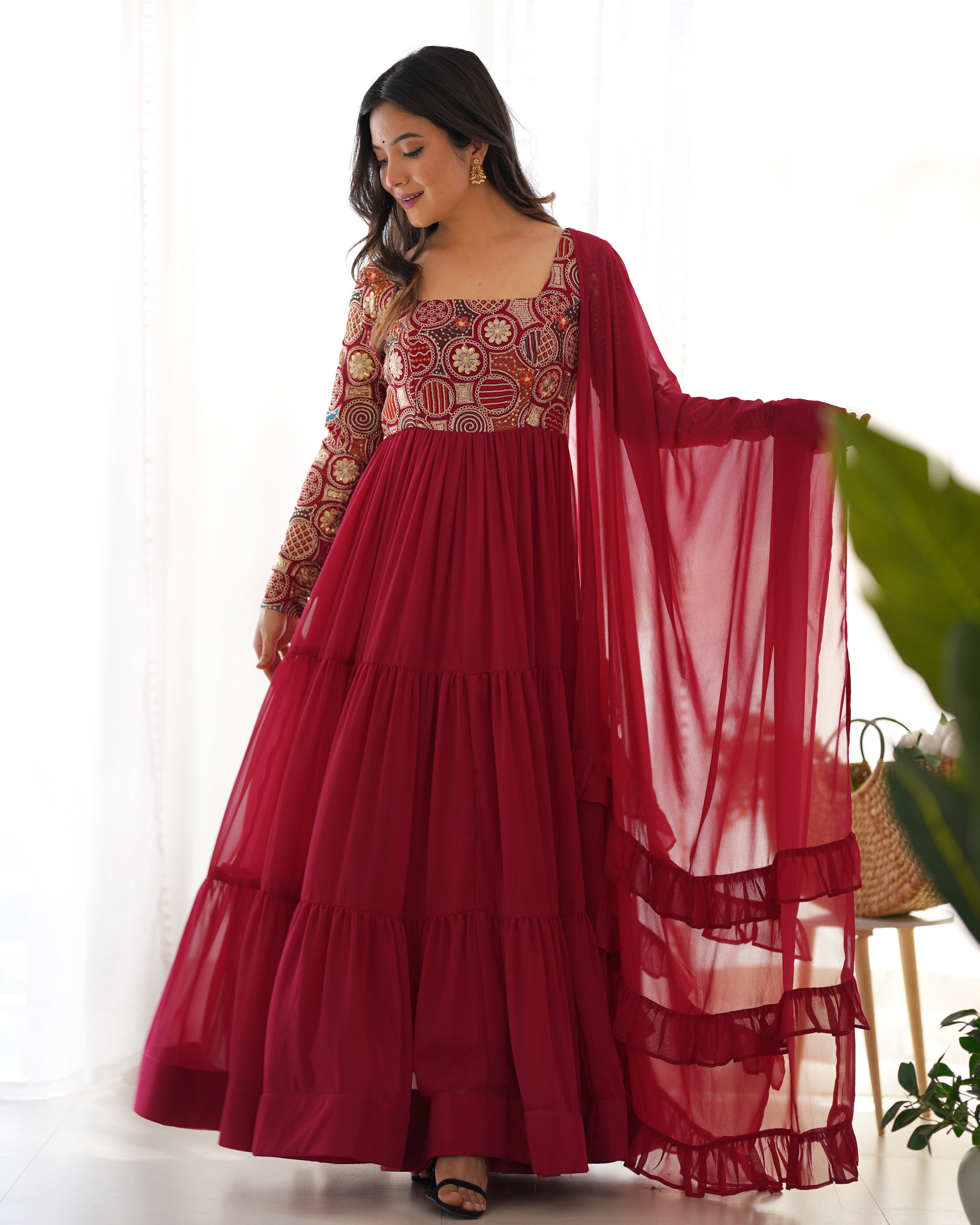 Red Embroidered Georgette Anarkali Set with Ruffle Dupatta