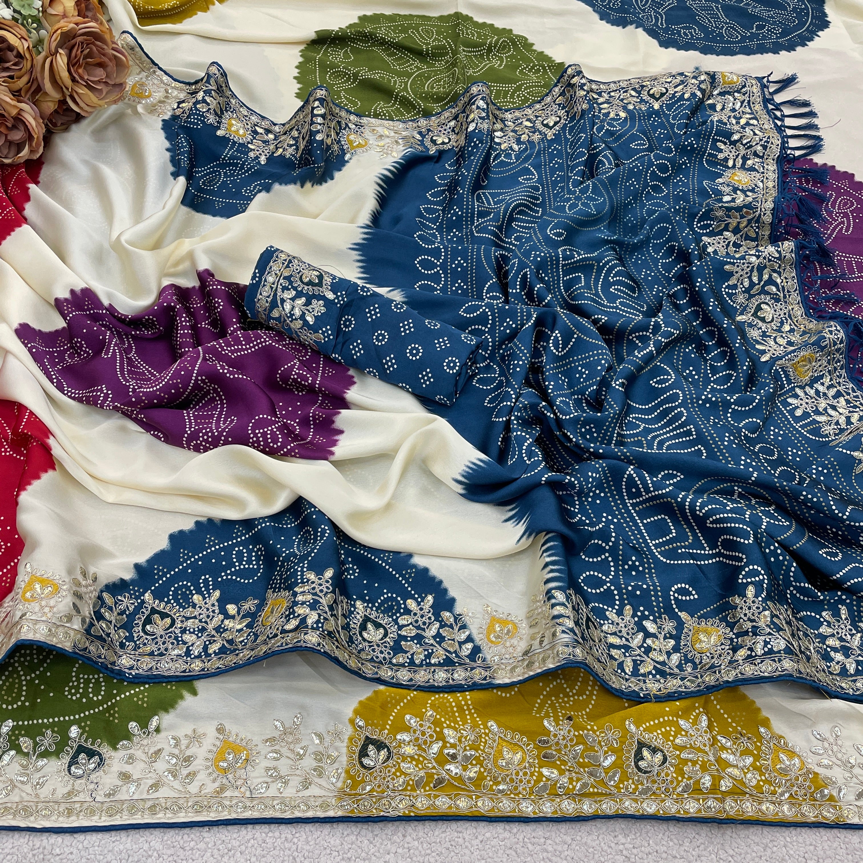 Indian Special Bandhani Motif Saree in Smooth Satin Silk with Tassel Pallu