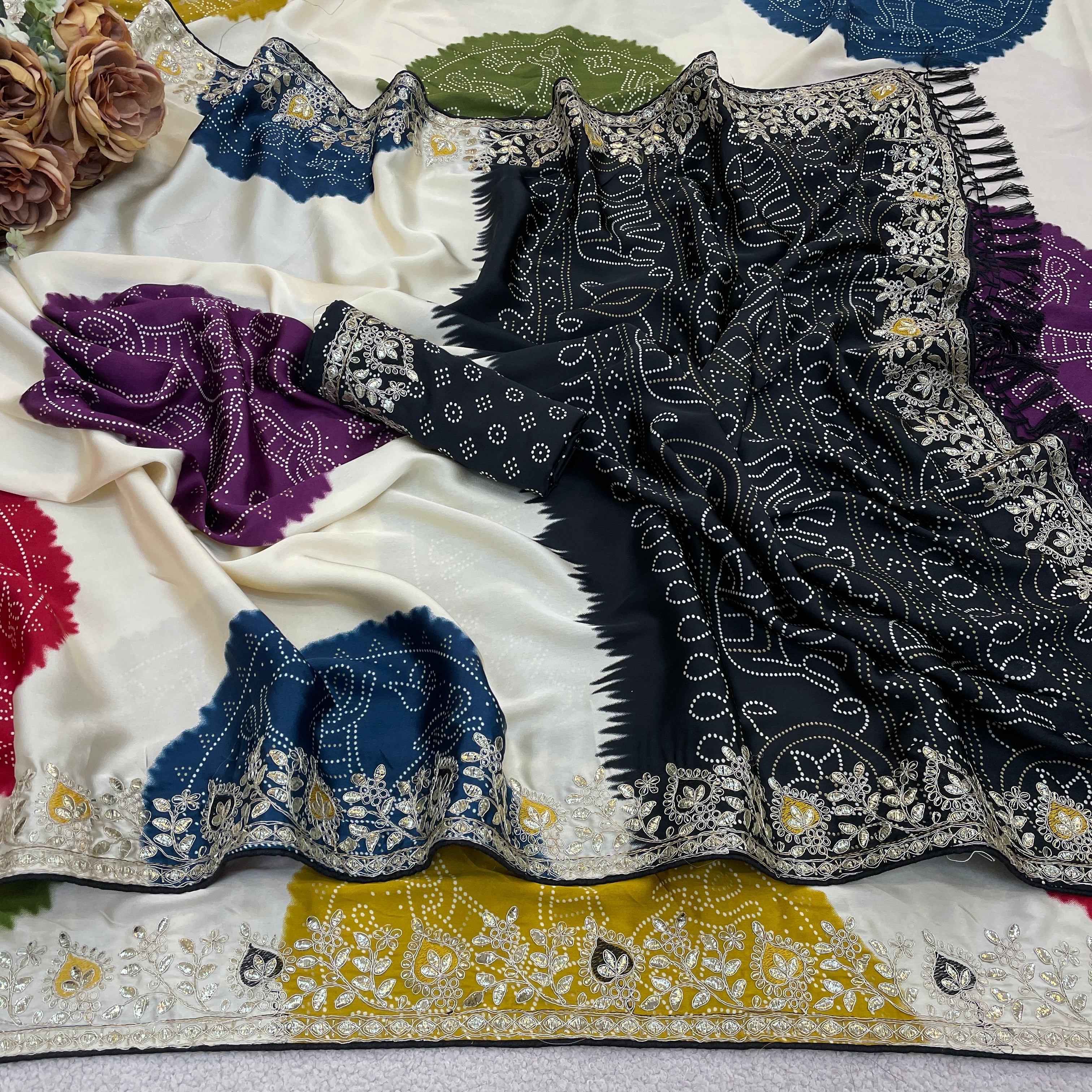 Indian Special Bandhani Motif Saree in Smooth Satin Silk with Tassel Pallu