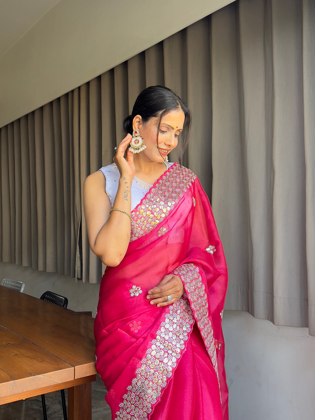 Embroidered sequins Jimmy Choo Saree With Ready Made Blouse