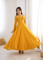 Women Mustard Yellow Solid Georgette Anarkali Kurta with Dupatta