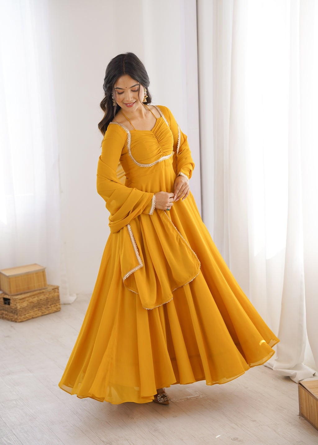 Women Mustard Yellow Solid Georgette Anarkali Kurta with Dupatta
