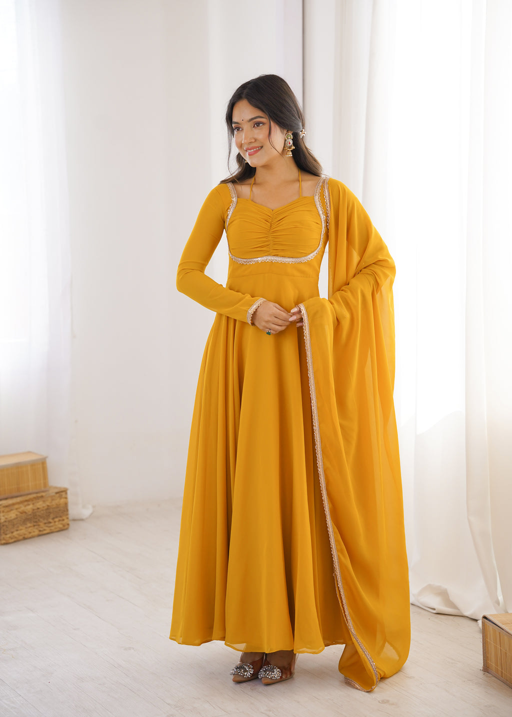 Women Mustard Yellow Solid Georgette Anarkali Kurta with Dupatta