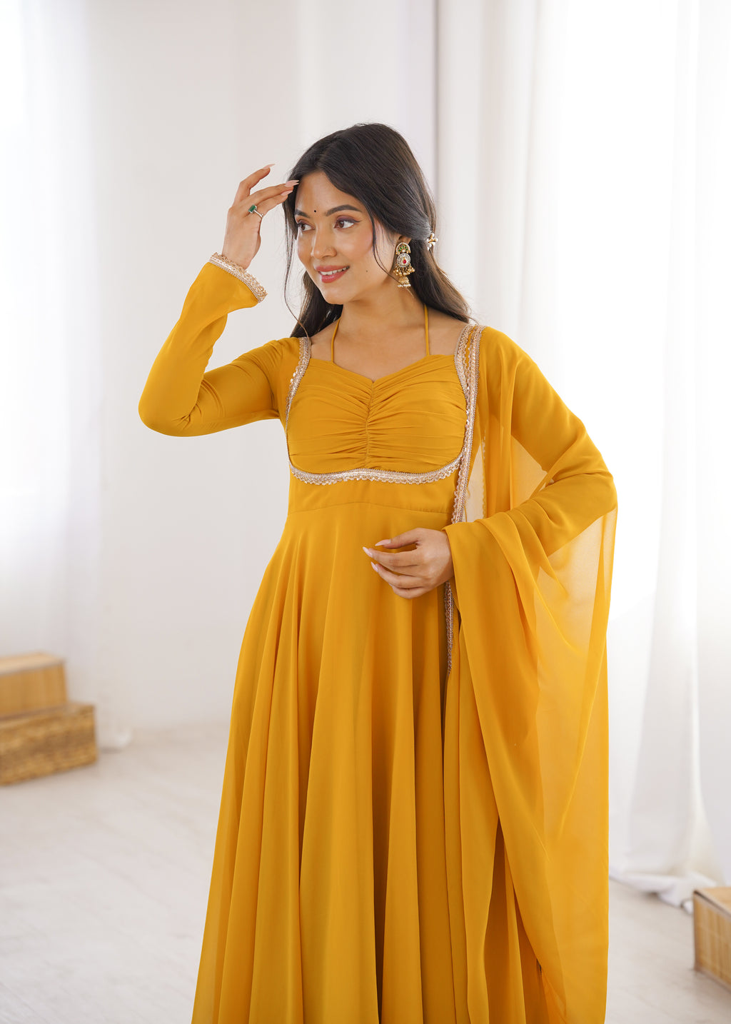Women Mustard Yellow Solid Georgette Anarkali Kurta with Dupatta
