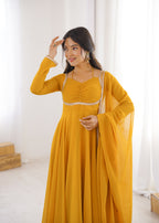 Women Mustard Yellow Solid Georgette Anarkali Kurta with Dupatta
