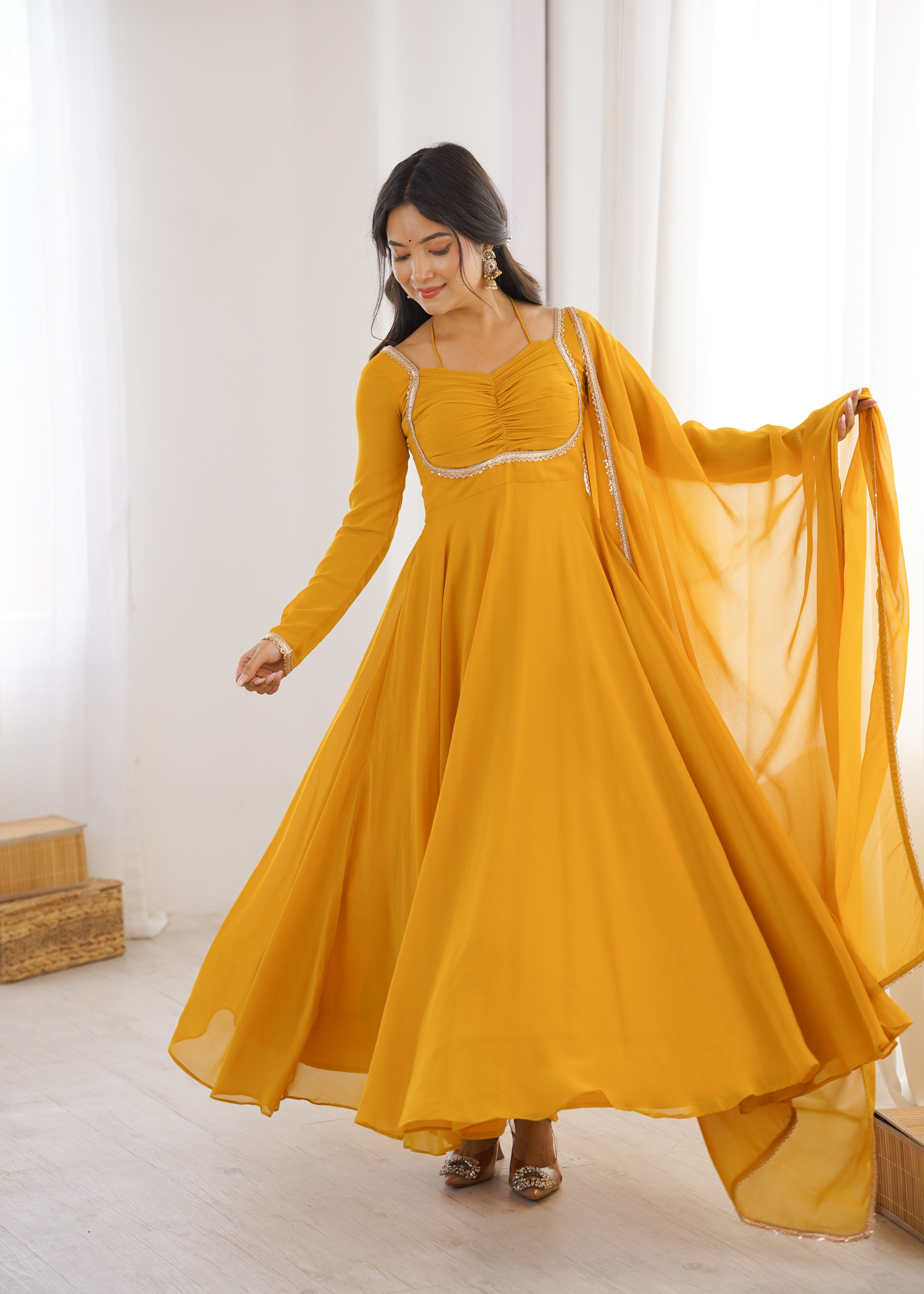 Women Mustard Yellow Solid Georgette Anarkali Kurta with Dupatta