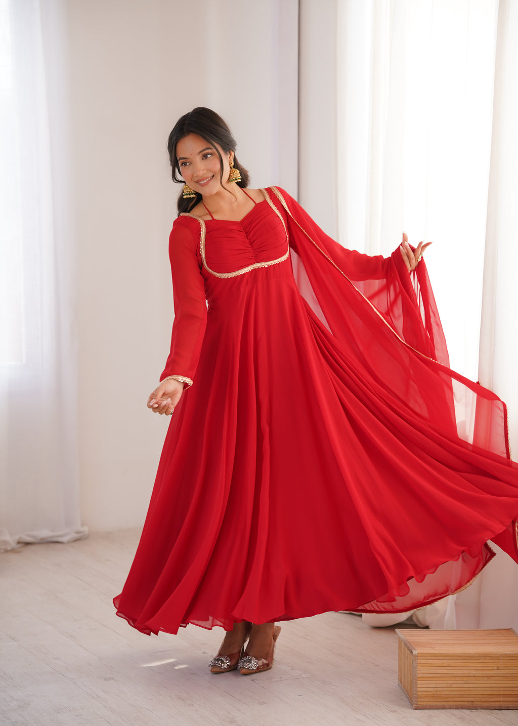 Women Red Solid Georgette Anarkali Kurta with Dupatta
