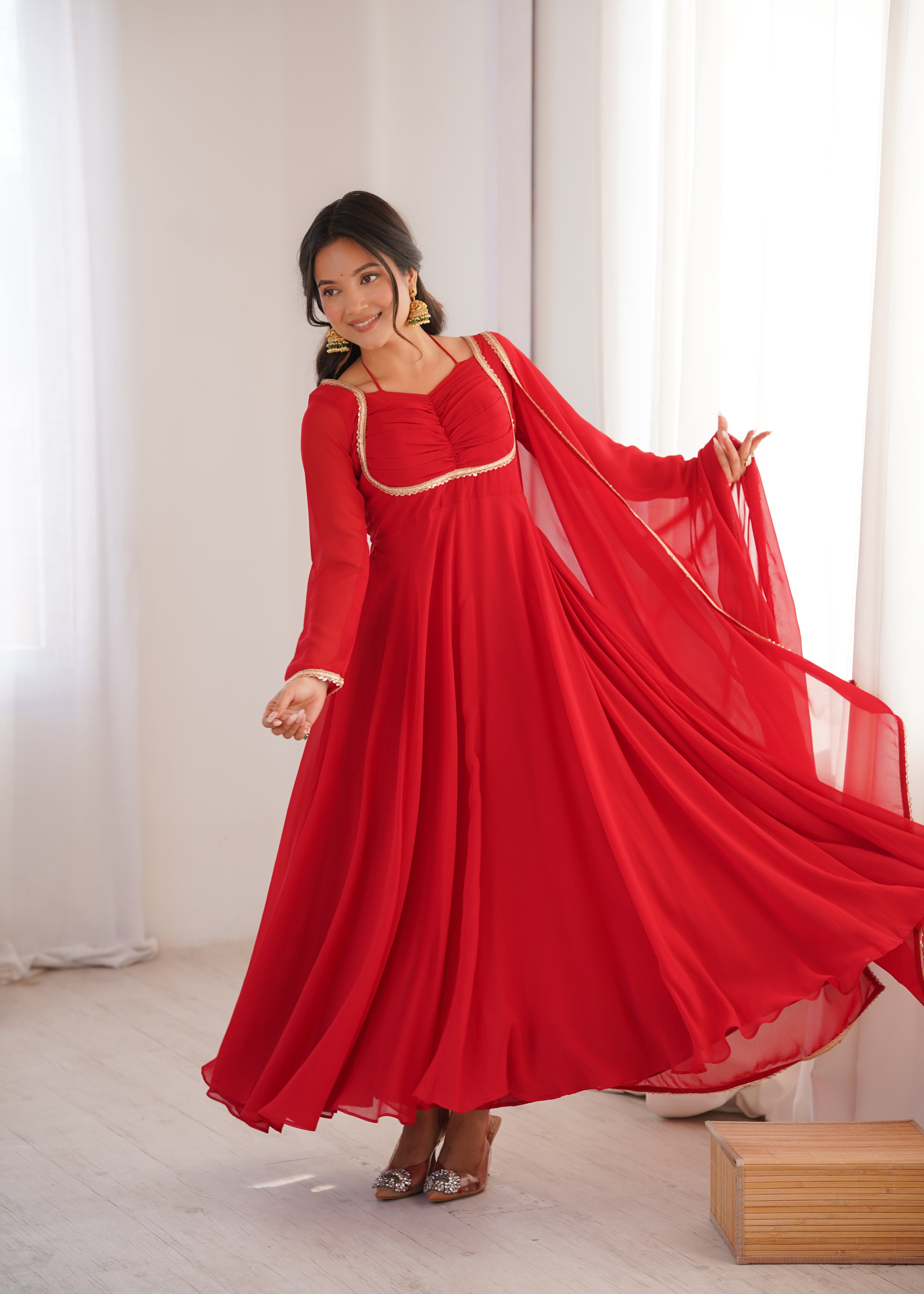 Women Red Solid Georgette Anarkali Kurta with Dupatta
