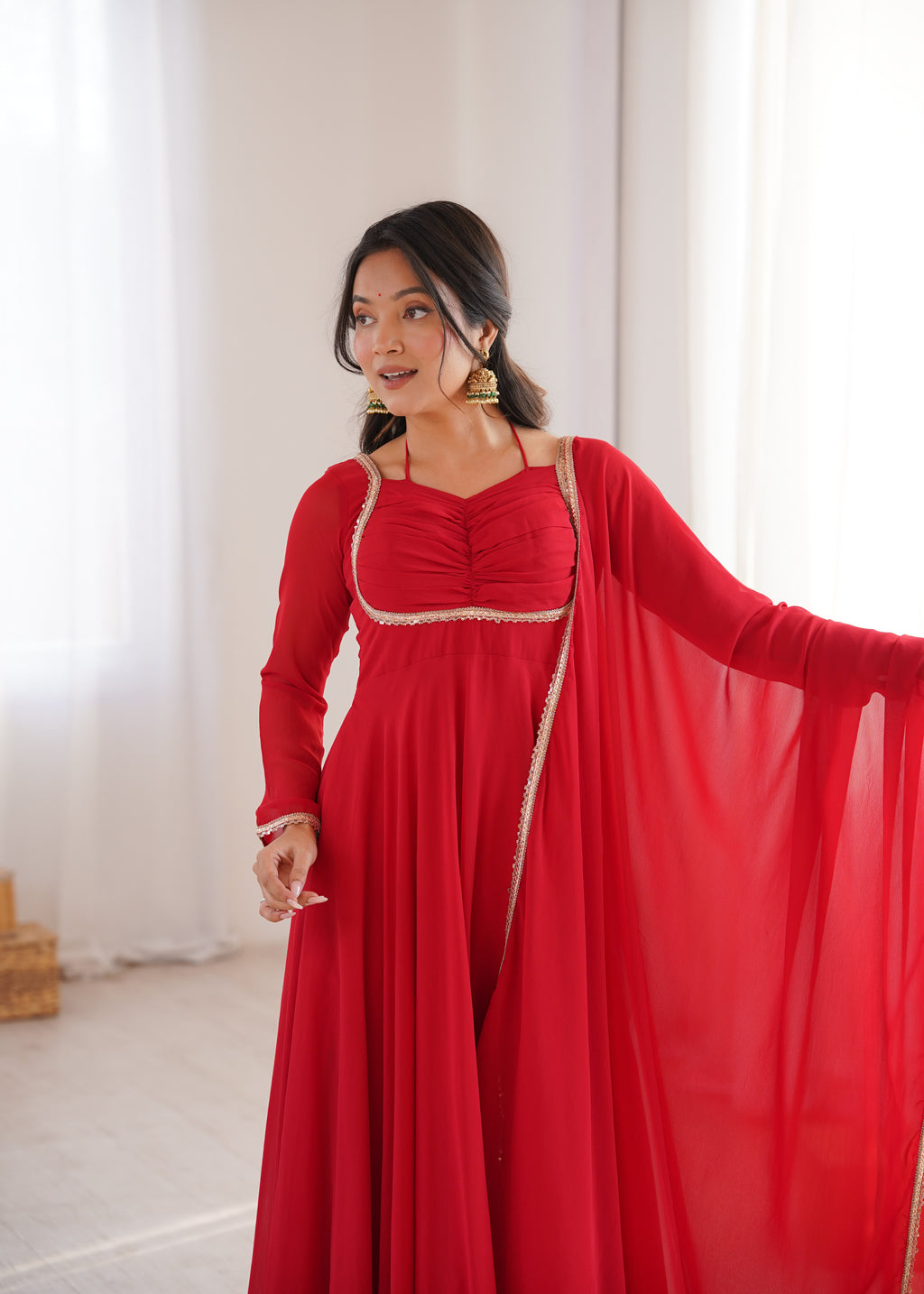 Women Red Solid Georgette Anarkali Kurta with Dupatta