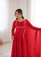 Women Red Solid Georgette Anarkali Kurta with Dupatta