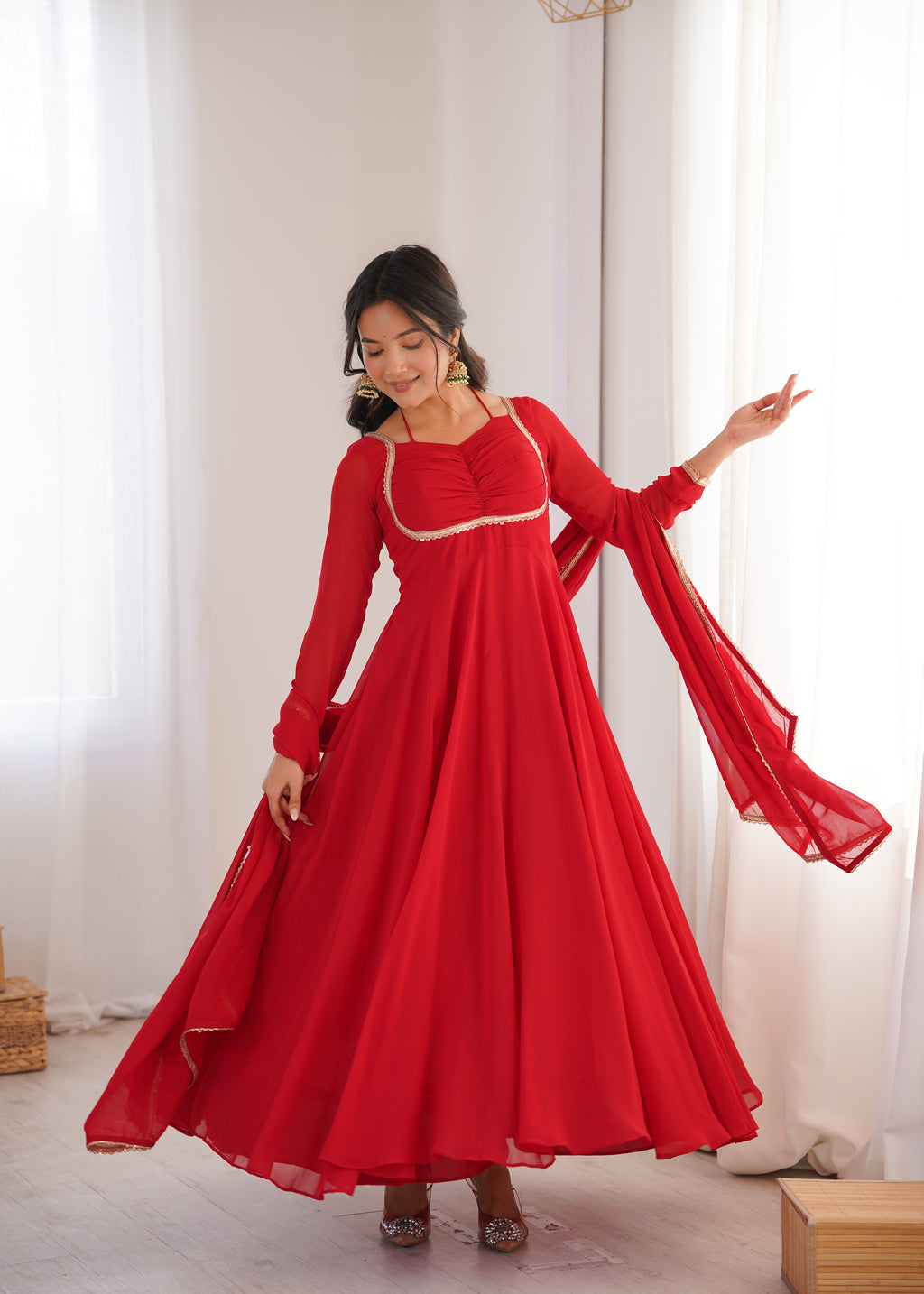 Women Red Solid Georgette Anarkali Kurta with Dupatta