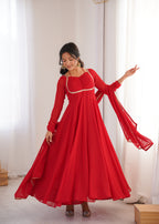 Women Red Solid Georgette Anarkali Kurta with Dupatta