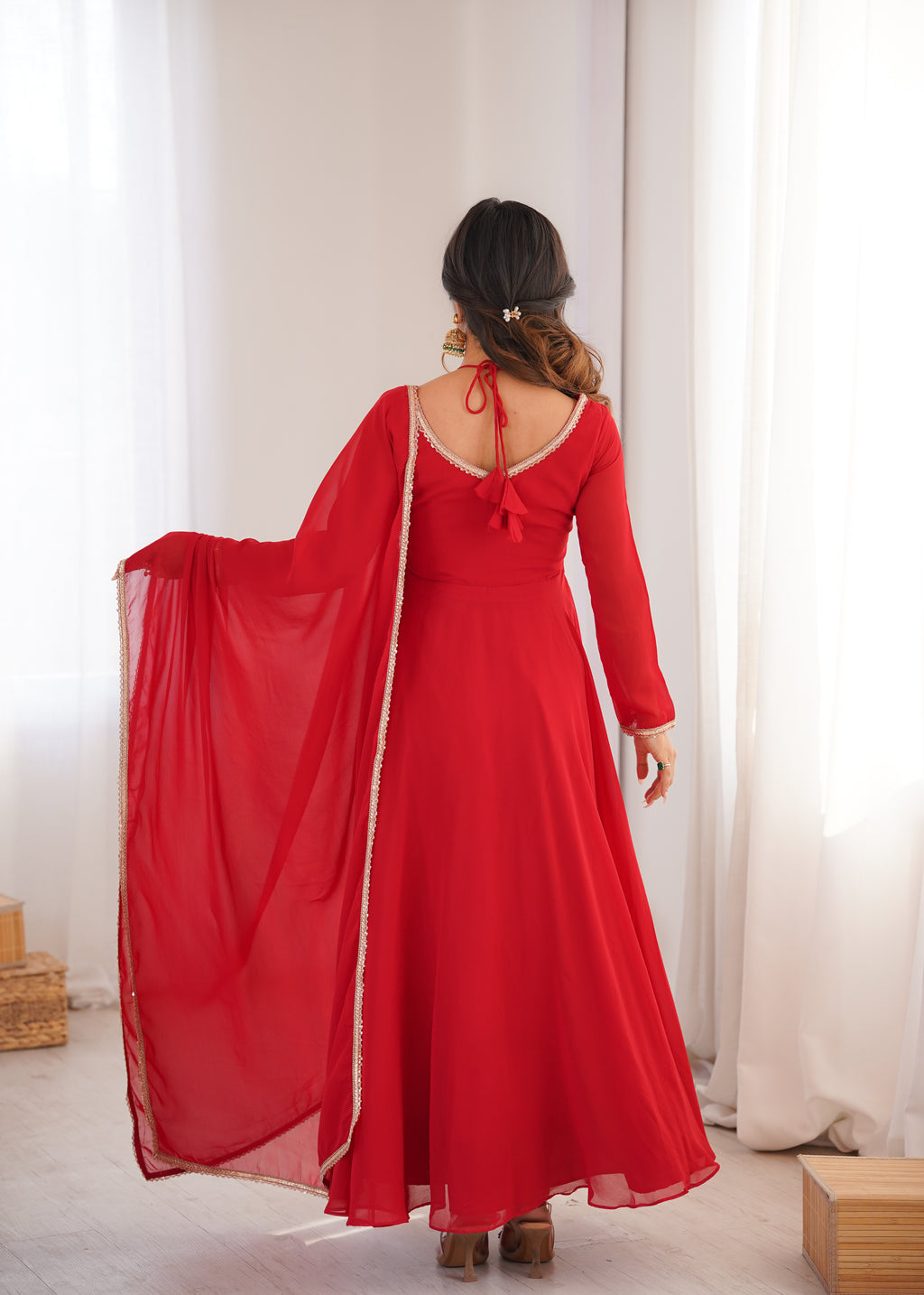 Women Red Solid Georgette Anarkali Kurta with Dupatta
