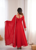 Women Red Solid Georgette Anarkali Kurta with Dupatta