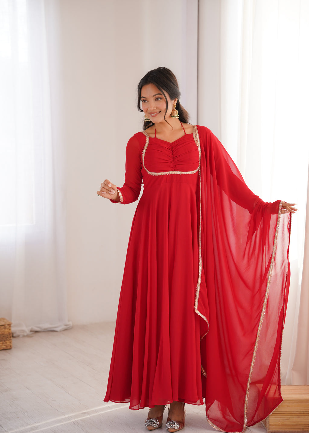 Women Red Solid Georgette Anarkali Kurta with Dupatta