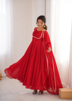 Women Red Solid Georgette Anarkali Kurta with Dupatta
