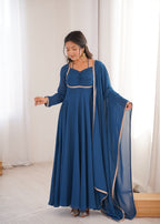 Women Blue Solid Georgette Anarkali Kurta with Dupatta